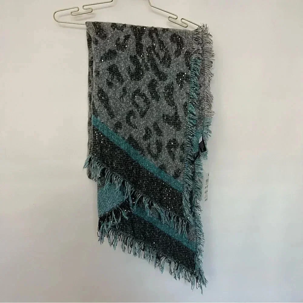 INC International Concepts Leopard Print Sequin Wrap Scarf Gray Black Blue